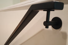 Load image into Gallery viewer, Modern handrail bracket, Black color. with custom black metal railing attached.
